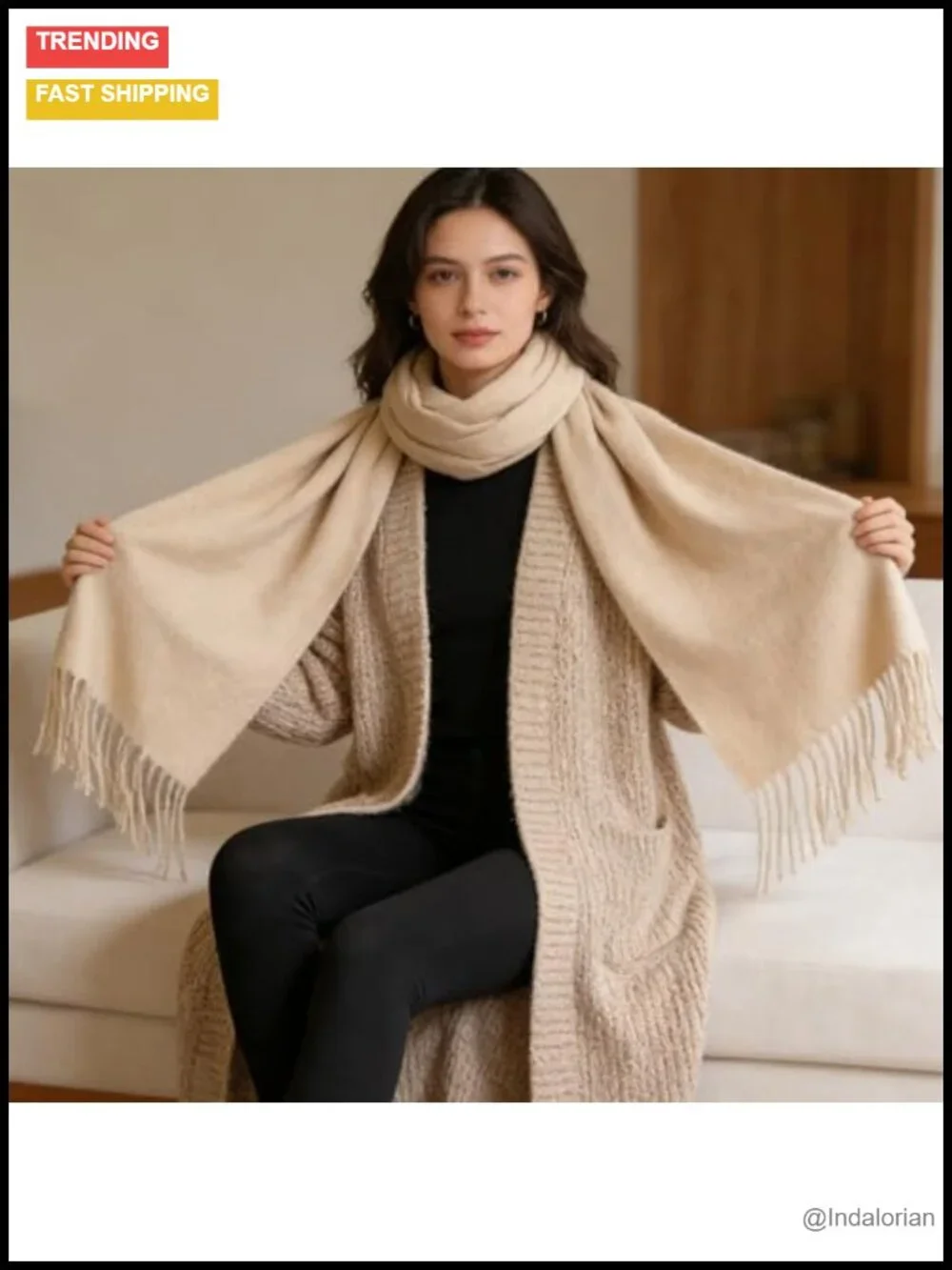 100% Wool Scarf and Wrap Shawl with Tassels, Lightweight Winter Scarf